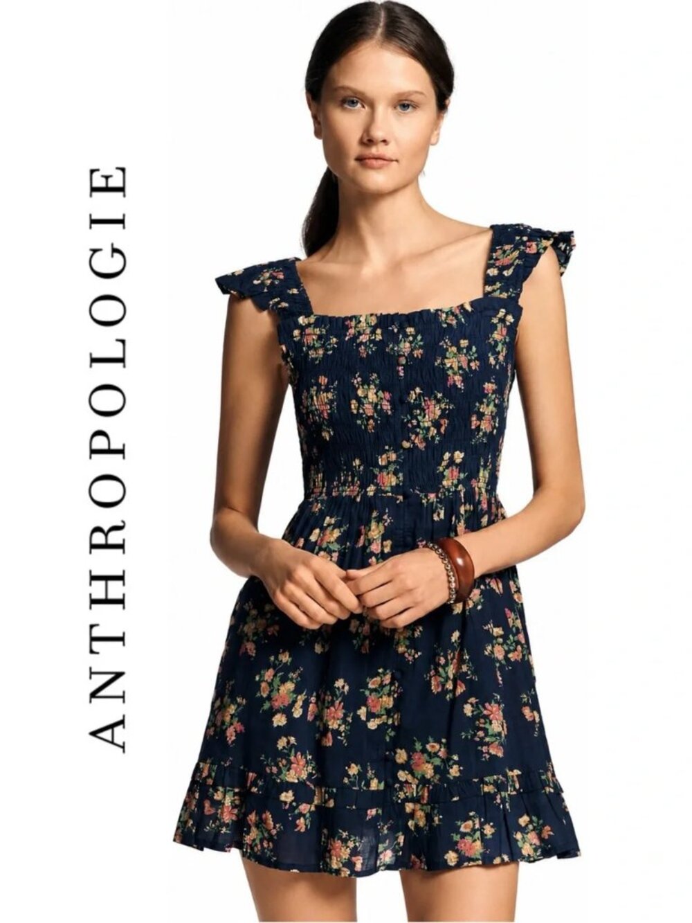 NEW Anthropologie Peregrine Square-Neck Mini Dress S NWT Navy Floral Smocked